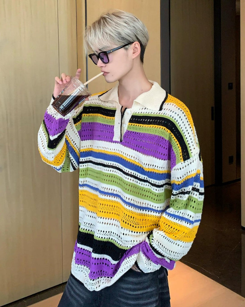 Border Mesh Knit Polo Shirt CBJ0038 - KBQUNQ｜韓国メンズファッション通販サイト