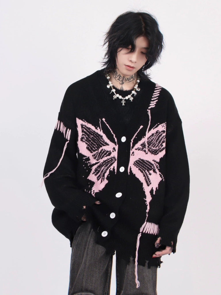 Butterfly Damage Knitted Cardigan MZS0004 - KBQUNQ｜ファッション通販