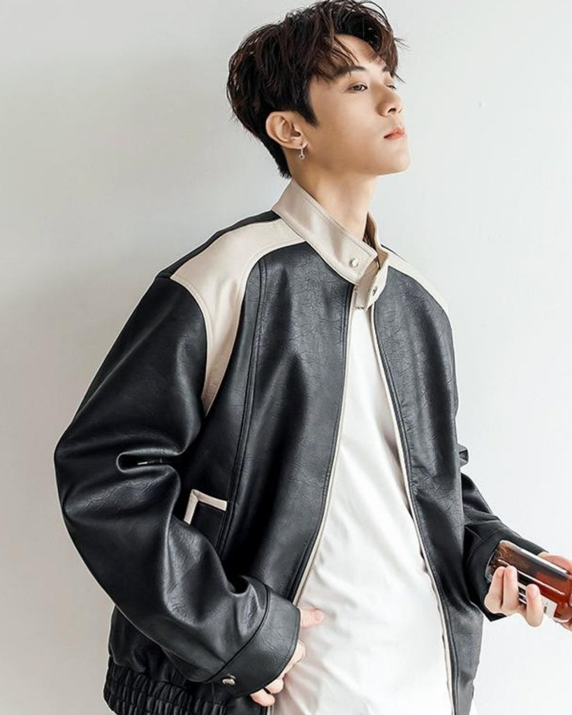 Casual Splicing Short Leather Jacket CCR0033 - KBQUNQ｜韓国メンズファッション通販サイト