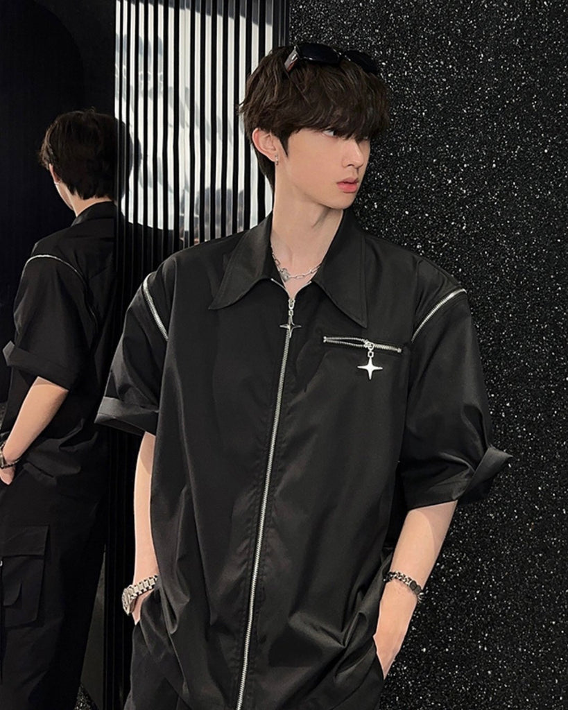 Cross Star Zipper Short Sleeve Shirt JMH0015 - KBQUNQ｜韓国メンズファッション通販サイト
