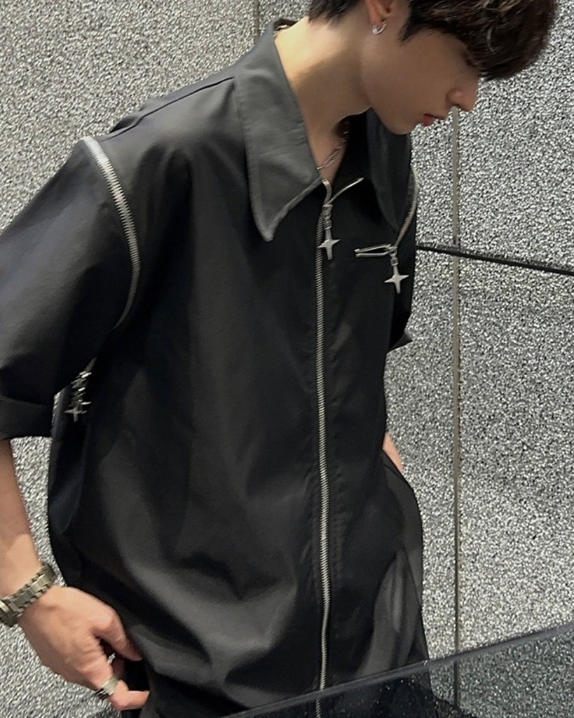 Cross Star Zipper Short Sleeve Shirt JMH0015 - KBQUNQ｜韓国メンズファッション通販サイト