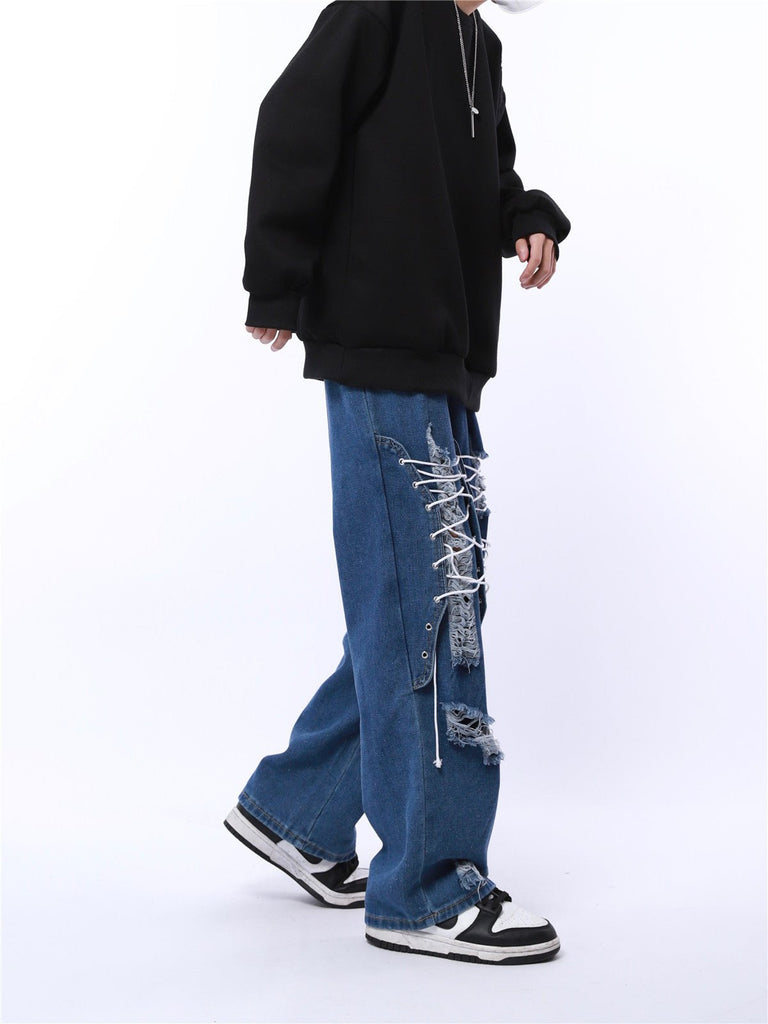 Damage Lace Up Denim Pants MJM0006 - KBQUNQ｜韓国メンズファッション通販サイト