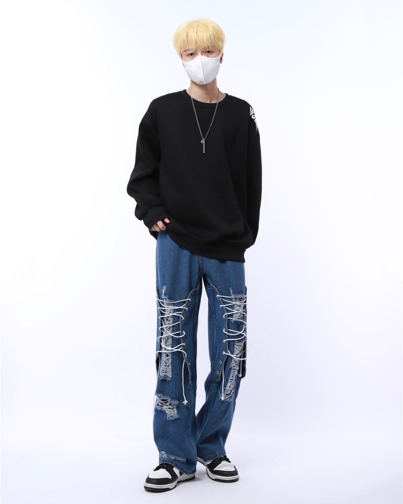 Damage Lace Up Denim Pants MJM0006 - KBQUNQ｜韓国メンズファッション通販サイト