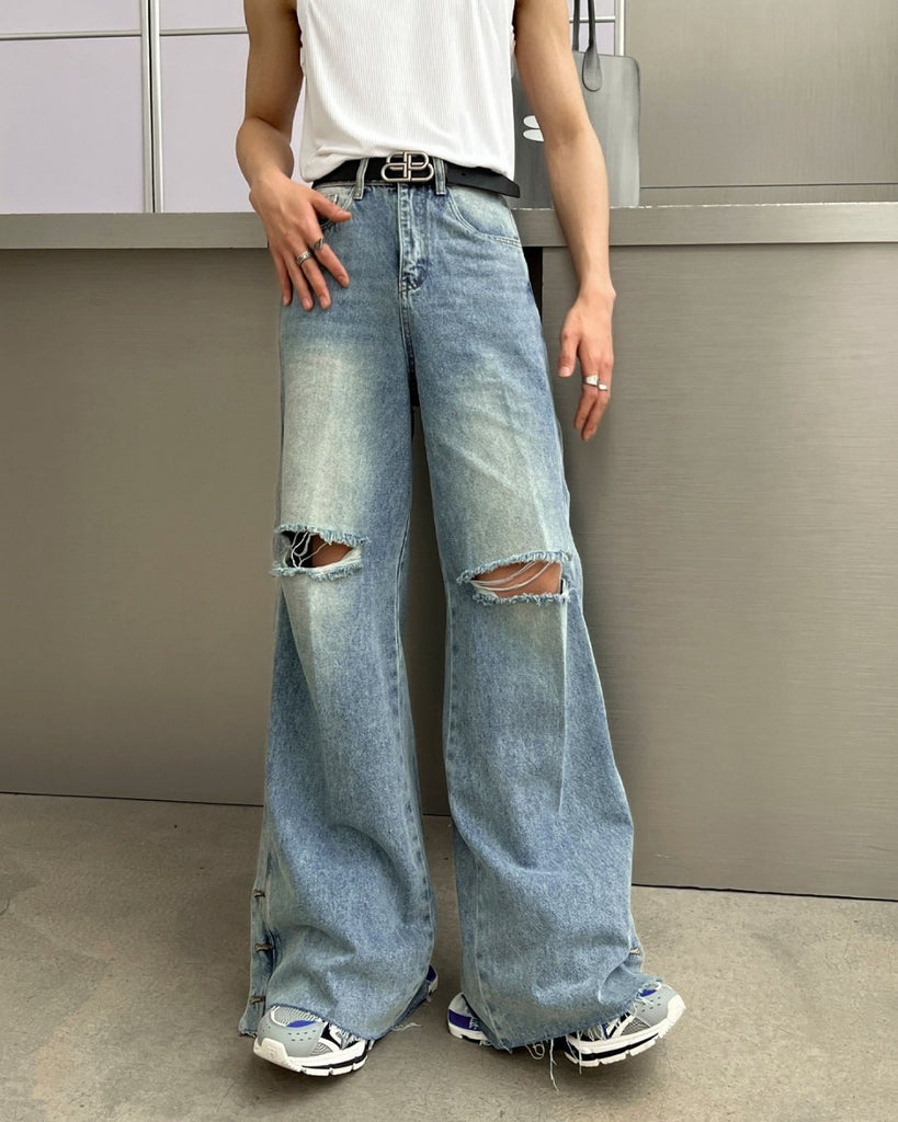 Damage Wide Denim Pants XSZ0010 - KBQUNQ｜韓国メンズファッション通販サイト