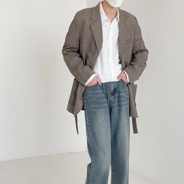 帯紐付きチェック柄ジャケット【KBQ112】 - KBQUNQ｜韓国メンズファッション通販サイト