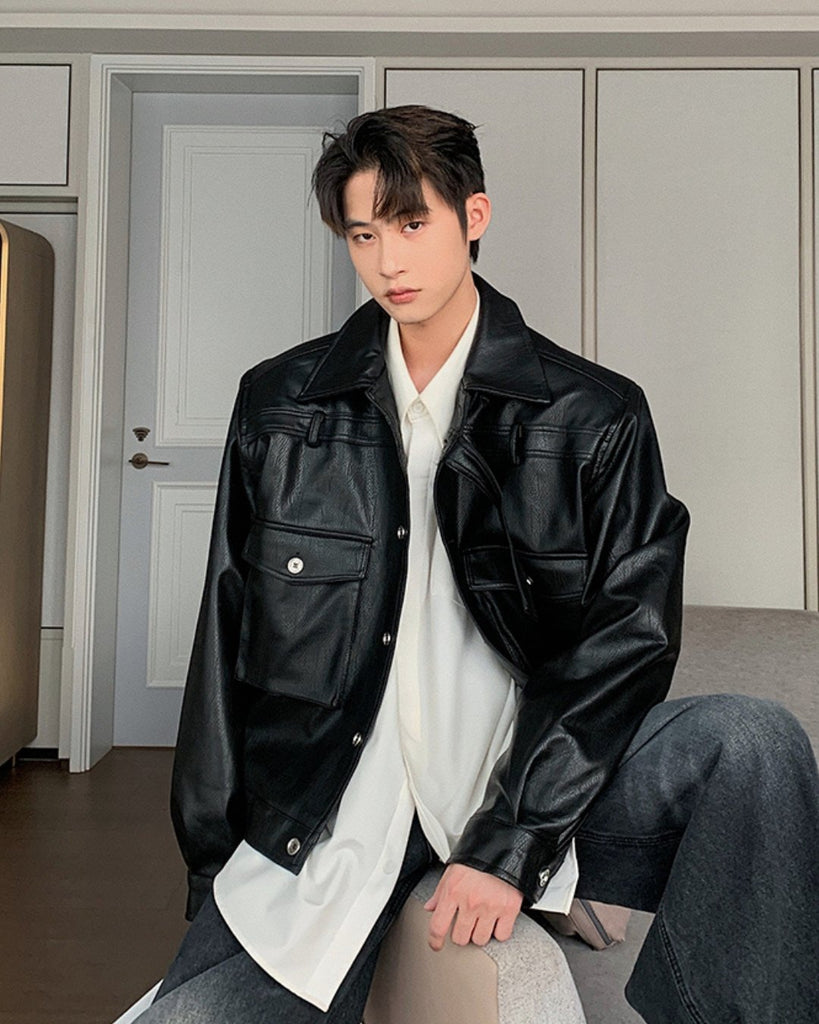 Short Handsome Leather PU Jacket HUD0039 - KBQUNQ｜韓国メンズファッション通販サイト