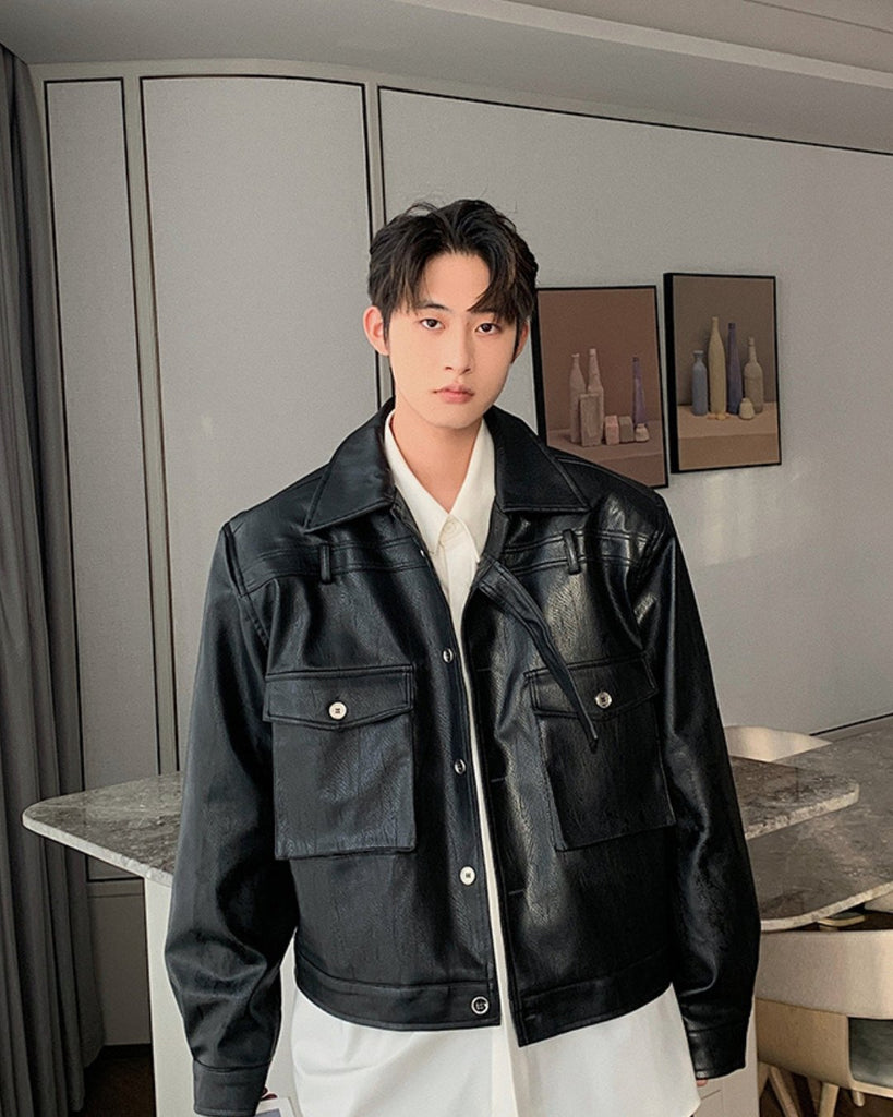 Short Handsome Leather PU Jacket HUD0039 - KBQUNQ｜韓国メンズファッション通販サイト