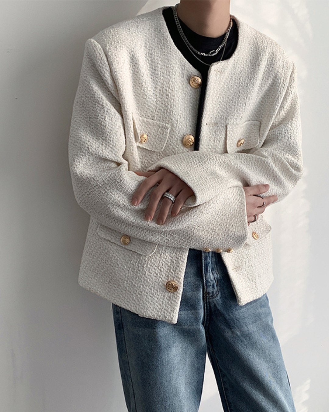 Ronherman 】新品タグ付き Collar Tweed Jaket TWEED ROUND NECK Ronherman 】新品タグ付き Collar Tweed Jaket TWEED ROUND NECK