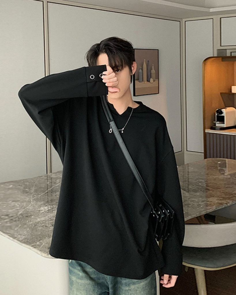 V-Neck Classic Long Sleeve Shirt HUD0031 - KBQUNQ｜韓国メンズファッション通販サイト
