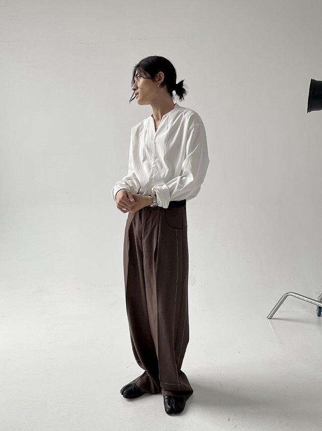 Vネックノーカラーシャツ【KBQ423】 - KBQUNQ｜韓国メンズファッション通販サイト