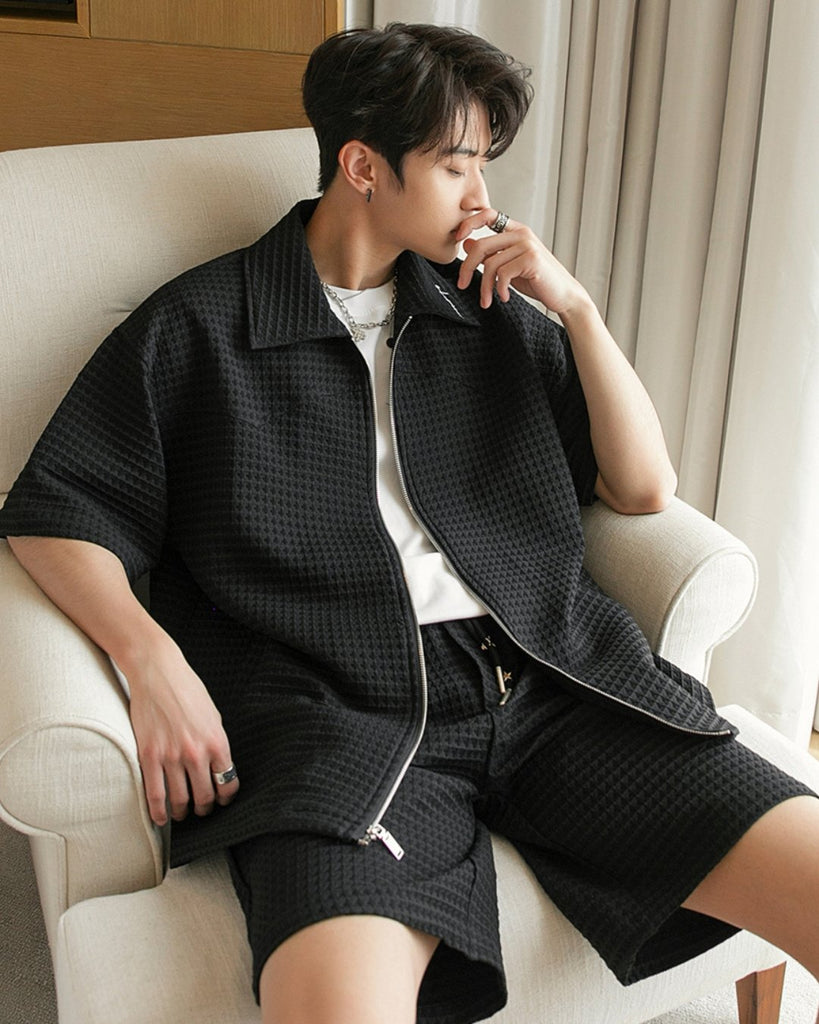Waffle Casual Zipper Jacket & Waffle Shorts CCR0012 - KBQUNQ｜韓国メンズファッション通販サイト